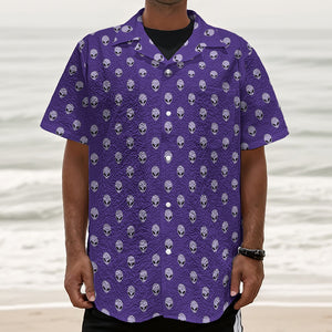 Purple Alien Face Pattern Print Textured Short Sleeve Shirt