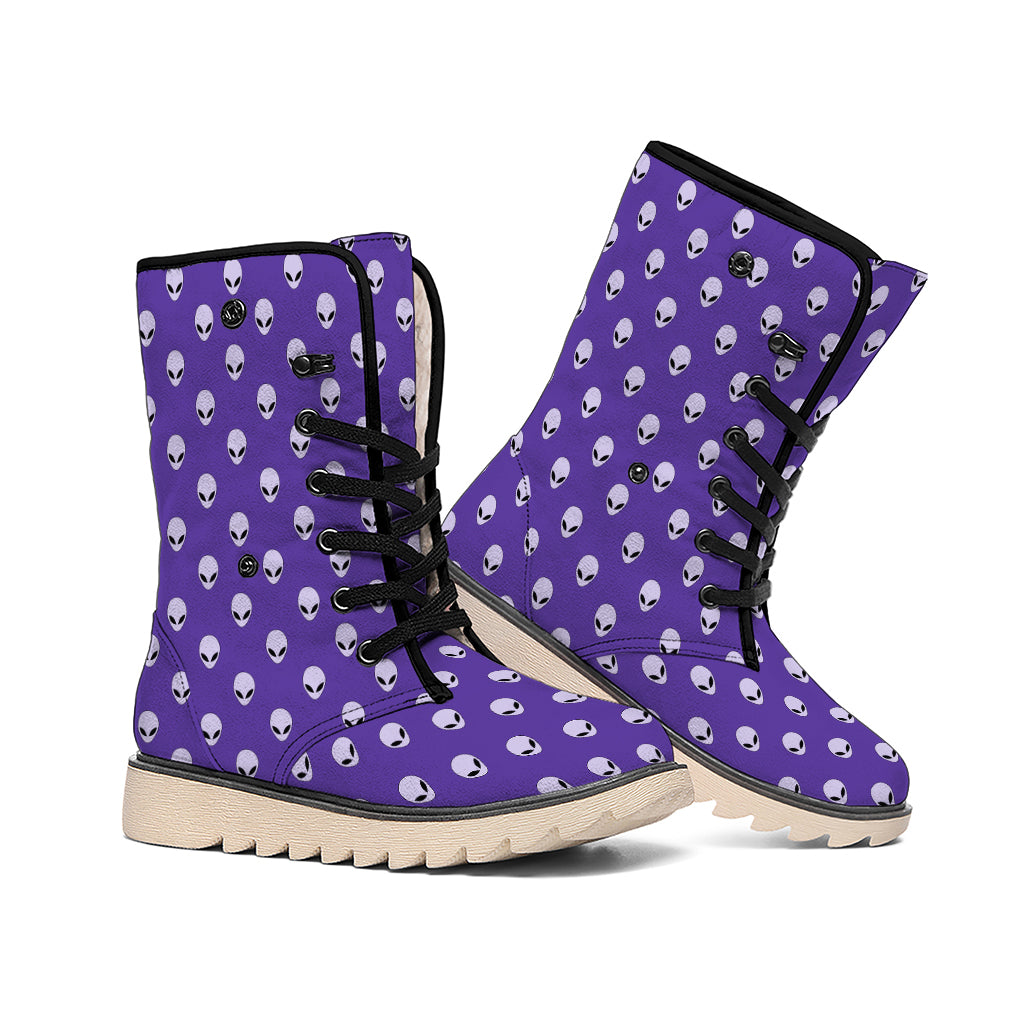 Purple Alien Face Pattern Print Winter Boots