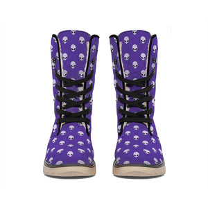 Purple Alien Face Pattern Print Winter Boots