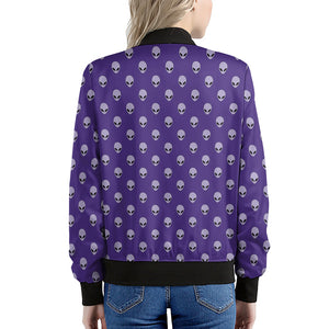 Purple Alien Face Pattern Print Women's Bomber Jacket