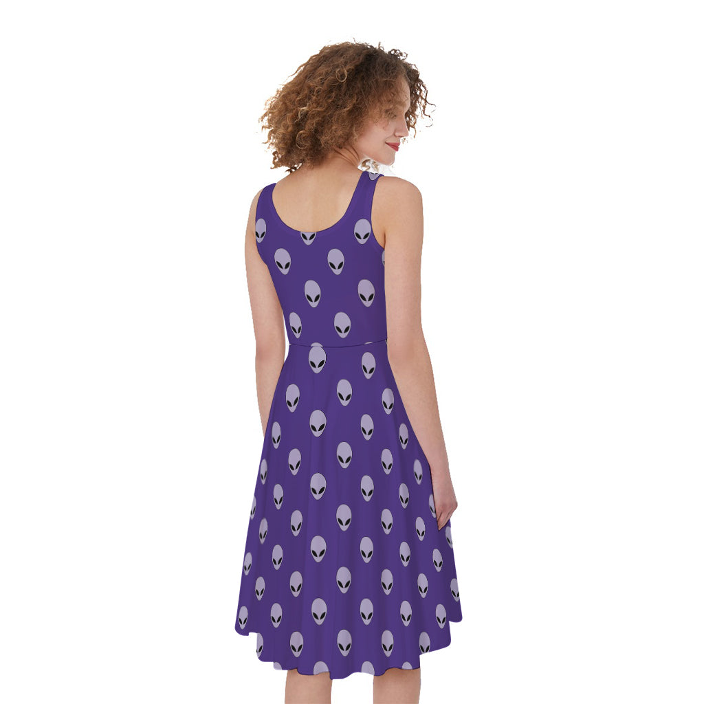 Purple Alien Face Pattern Print Women's Sleeveless Dress