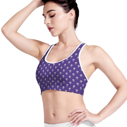 Purple Alien Face Pattern Print Women's Sports Bra