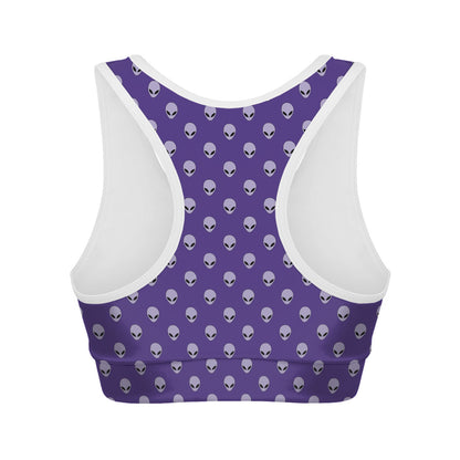 Purple Alien Face Pattern Print Women's Sports Bra