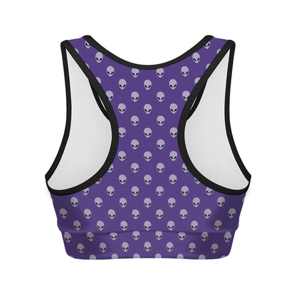 Purple Alien Face Pattern Print Women's Sports Bra