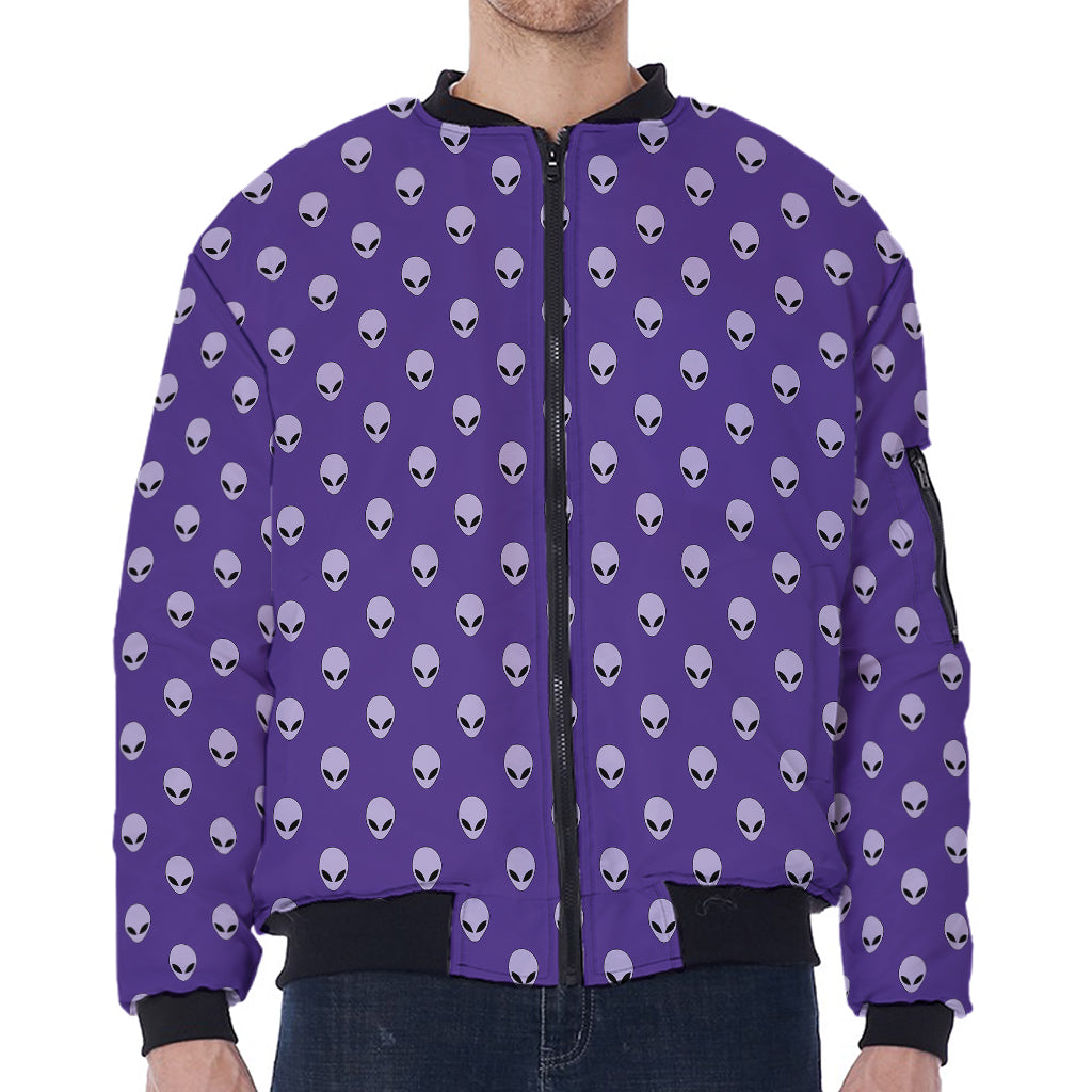 Purple Alien Face Pattern Print Zip Sleeve Bomber Jacket