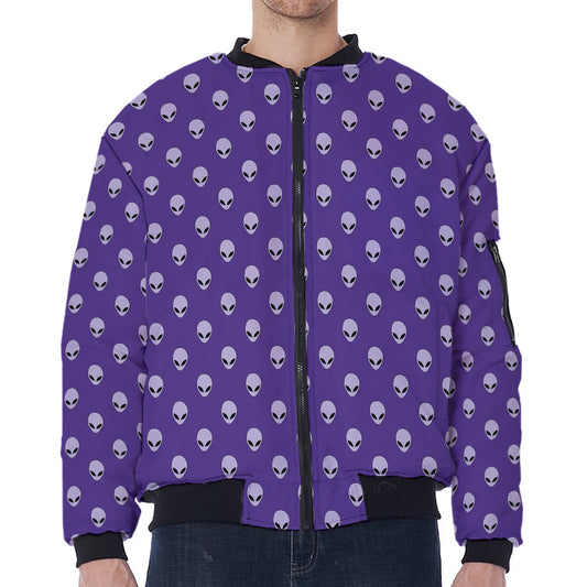 Purple Alien Face Pattern Print Zip Sleeve Bomber Jacket