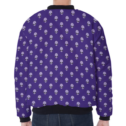 Purple Alien Face Pattern Print Zip Sleeve Bomber Jacket
