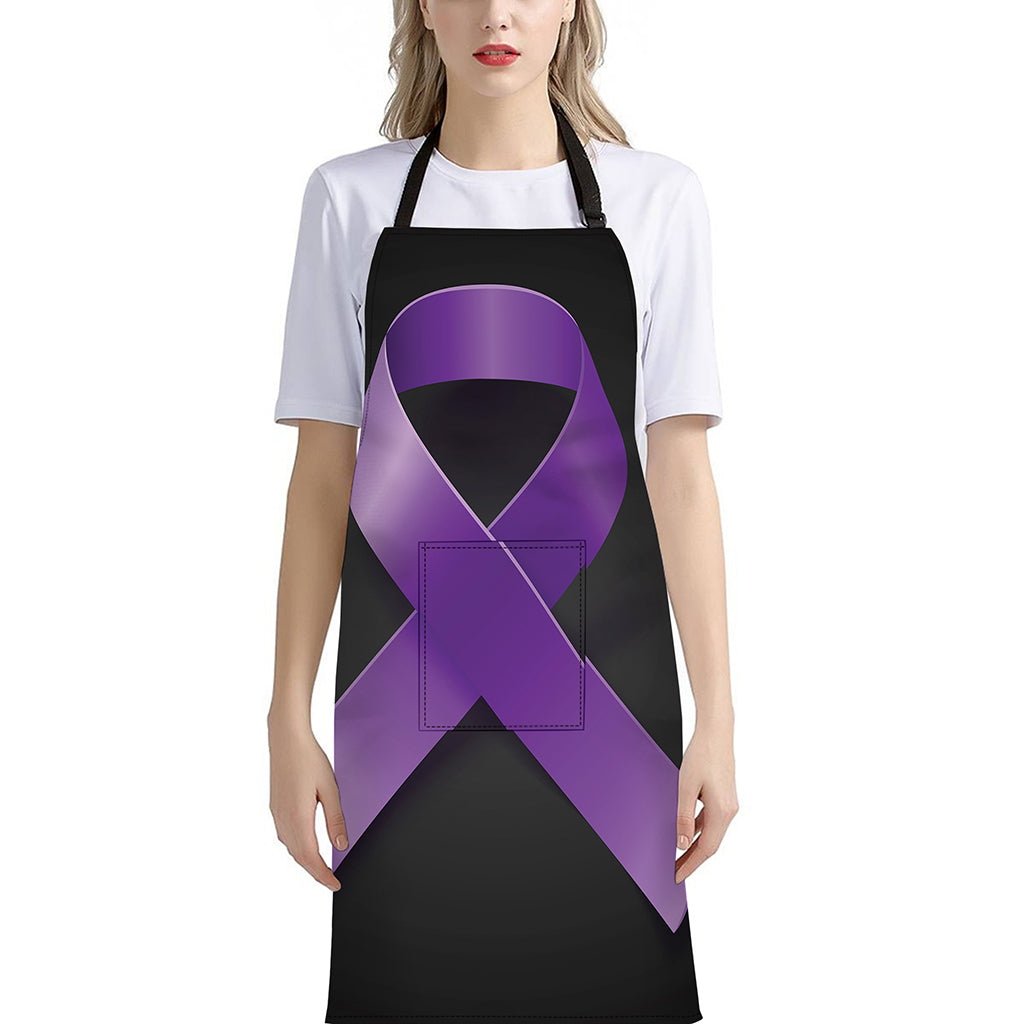 Purple All Cancer Awareness Ribbon Print Bib Apron With Pocket