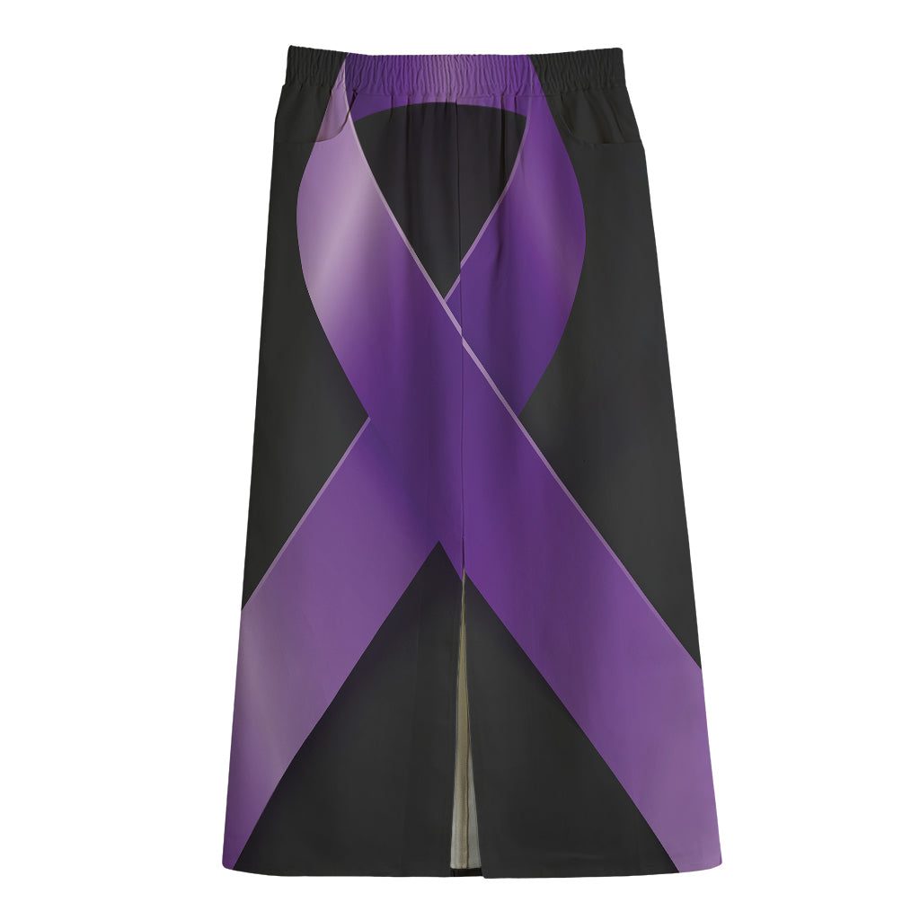 Purple All Cancer Awareness Ribbon Print Cotton Front Slit Maxi Skirt