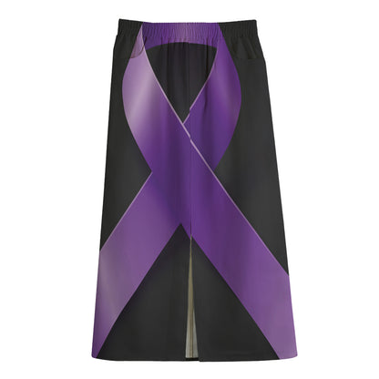 Purple All Cancer Awareness Ribbon Print Cotton Front Slit Maxi Skirt