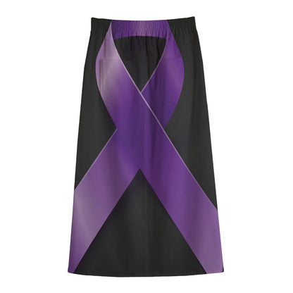 Purple All Cancer Awareness Ribbon Print Cotton Front Slit Maxi Skirt