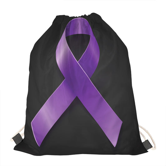 Purple All Cancer Awareness Ribbon Print Drawstring Bag