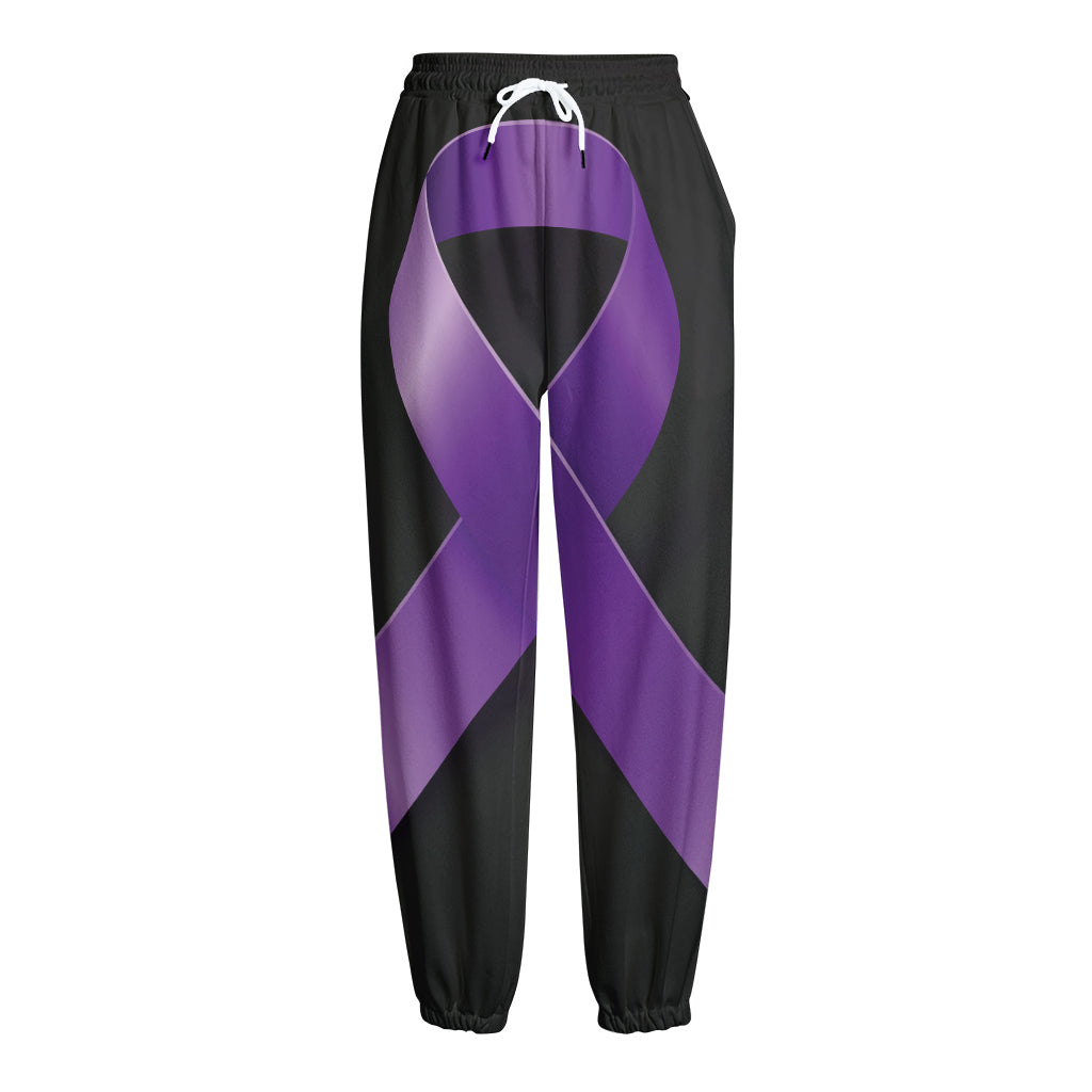 Purple All Cancer Awareness Ribbon Print Fleece Lined Knit Pants