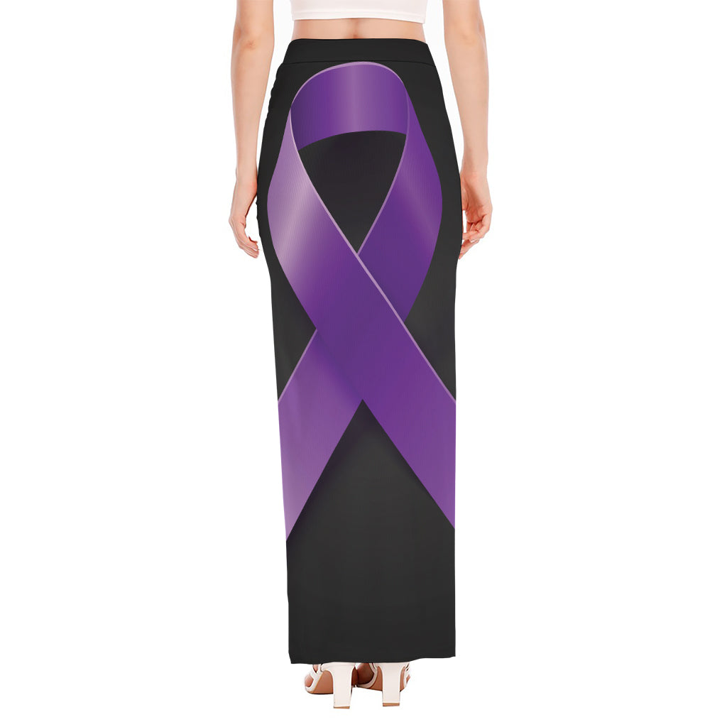Purple All Cancer Awareness Ribbon Print High Slit Maxi Skirt