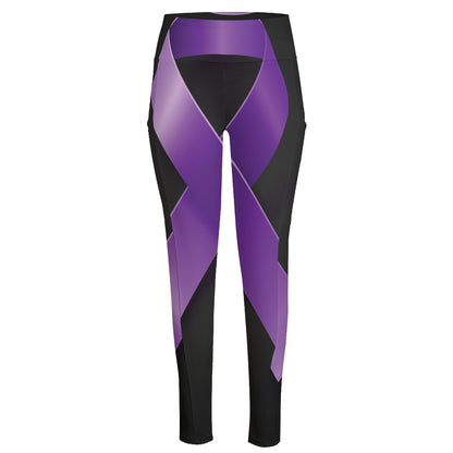 Purple All Cancer Awareness Ribbon Print High-Waisted Pocket Leggings