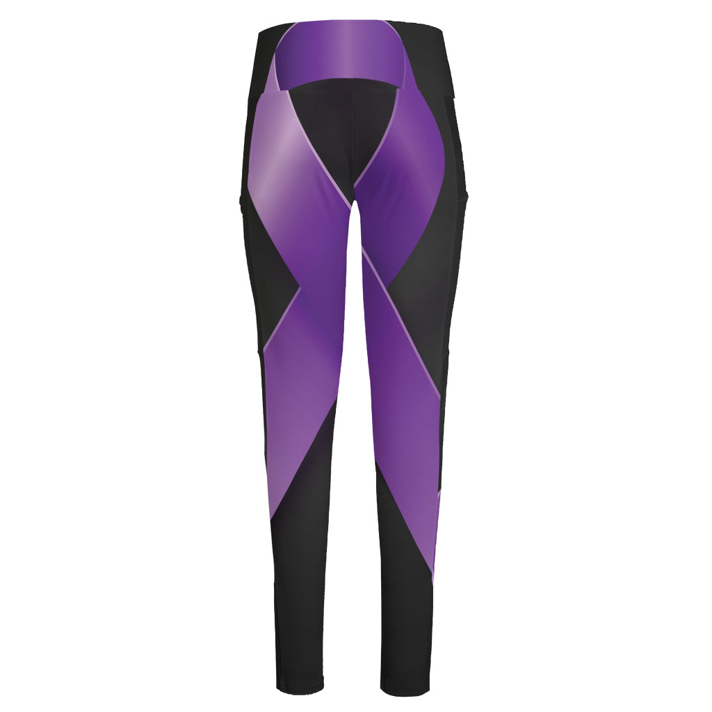 Purple All Cancer Awareness Ribbon Print High-Waisted Pocket Leggings