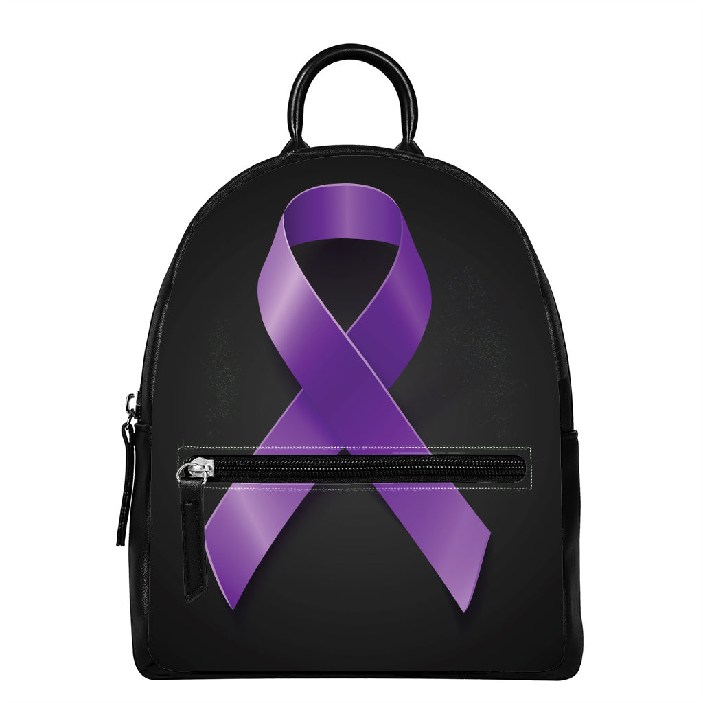 Purple All Cancer Awareness Ribbon Print Leather Backpack