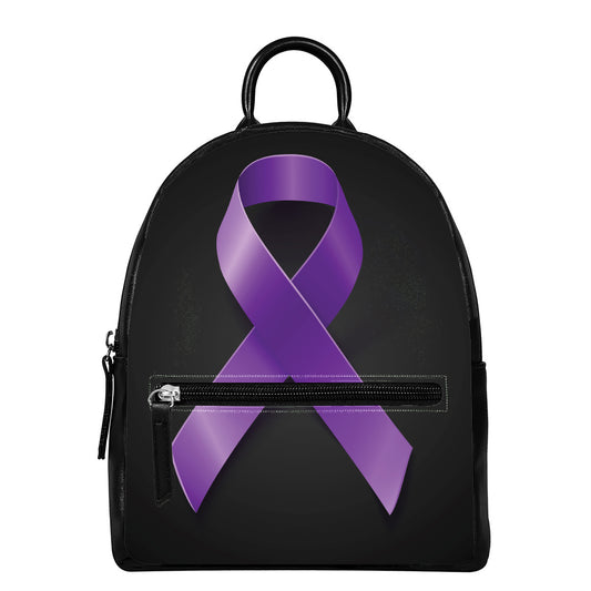 Purple All Cancer Awareness Ribbon Print Leather Backpack