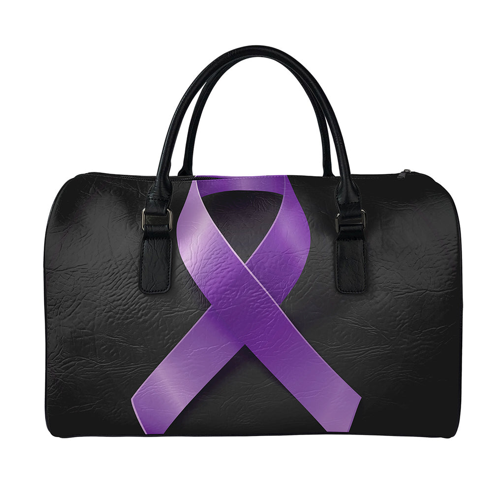 Purple All Cancer Awareness Ribbon Print Leather Duffle Bag