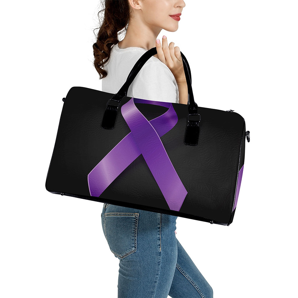 Purple All Cancer Awareness Ribbon Print Leather Duffle Bag