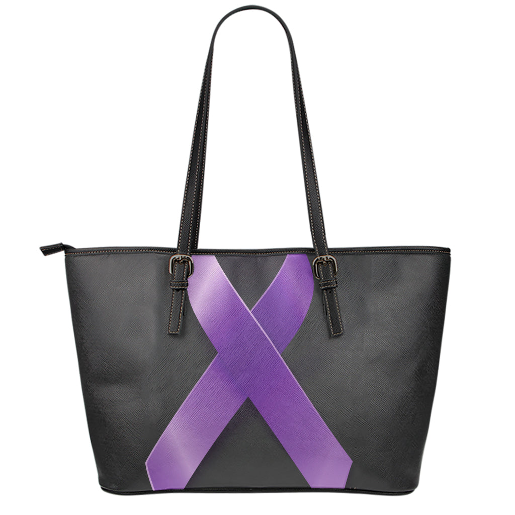 Purple All Cancer Awareness Ribbon Print Leather Tote Bag