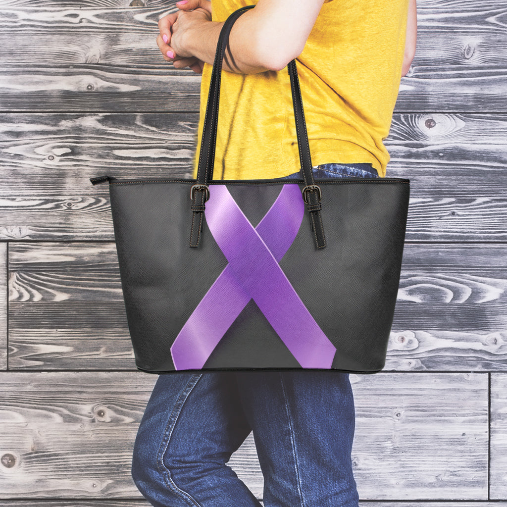 Purple All Cancer Awareness Ribbon Print Leather Tote Bag