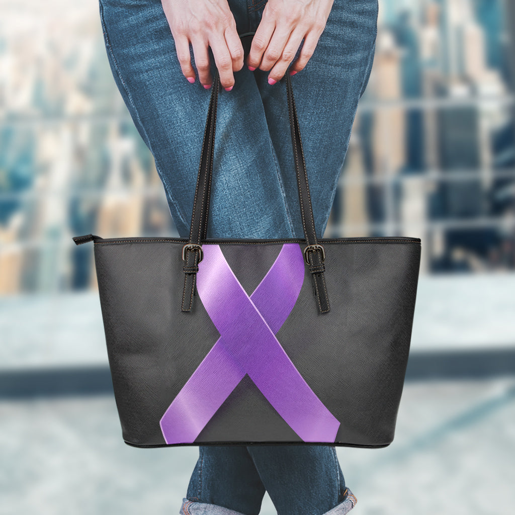Purple All Cancer Awareness Ribbon Print Leather Tote Bag
