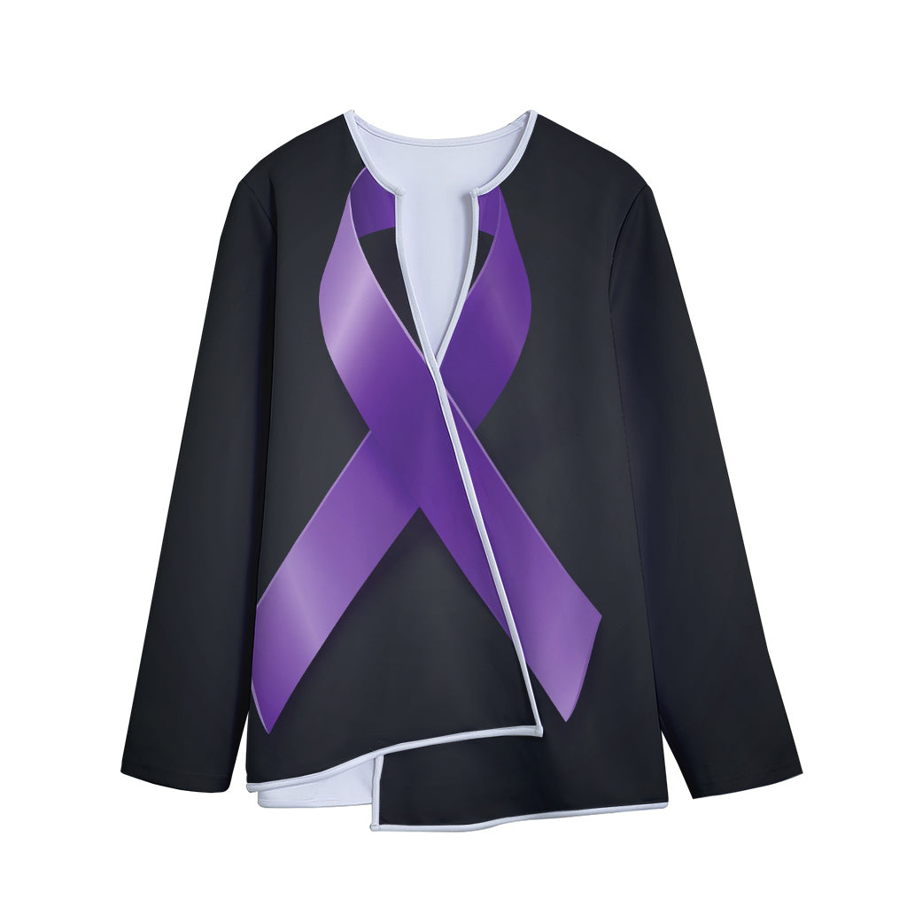 Purple All Cancer Awareness Ribbon Print Long Sleeve Short Coat