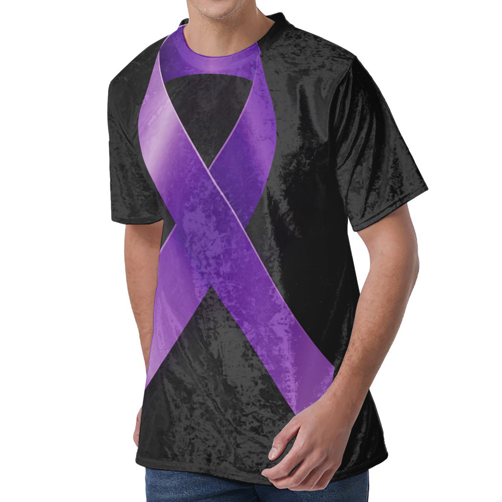 Purple All Cancer Awareness Ribbon Print Men's Velvet T-Shirt