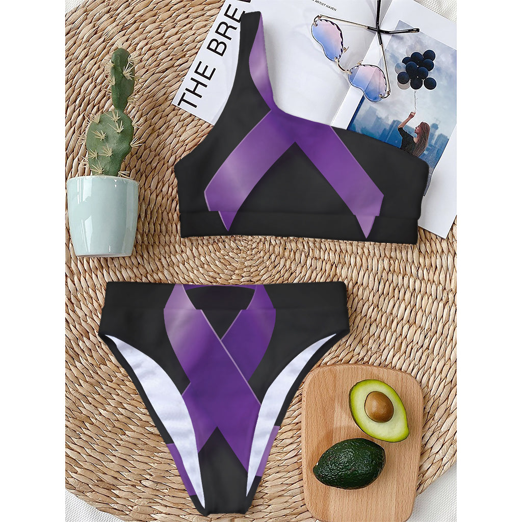 Purple All Cancer Awareness Ribbon Print One Shoulder Bikini Top