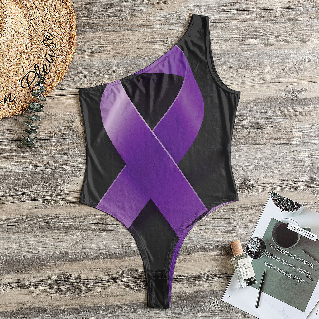 Purple All Cancer Awareness Ribbon Print One Shoulder Bodysuit