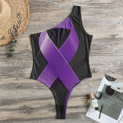 Purple All Cancer Awareness Ribbon Print One Shoulder Bodysuit