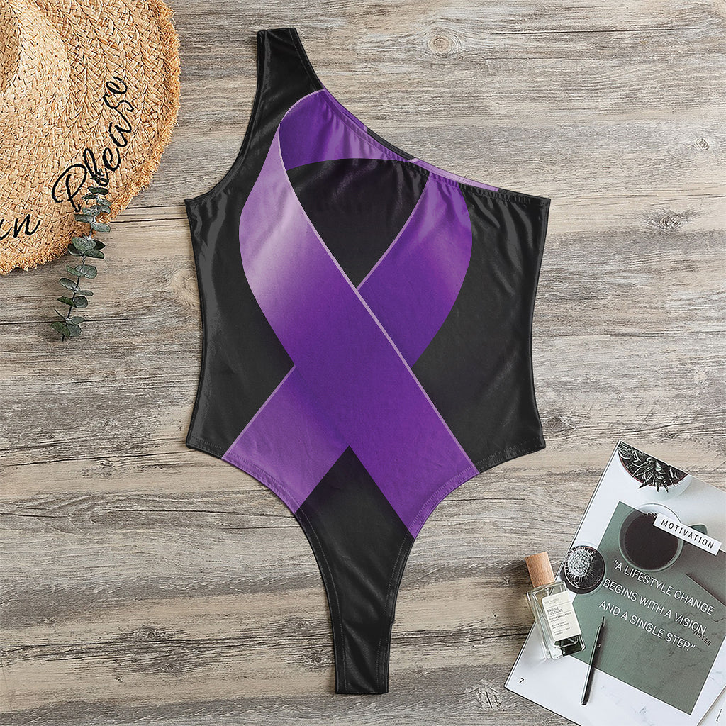 Purple All Cancer Awareness Ribbon Print One Shoulder Bodysuit