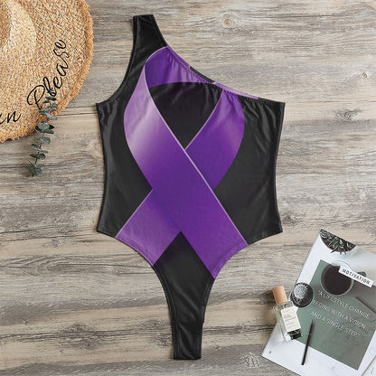 Purple All Cancer Awareness Ribbon Print One Shoulder Bodysuit
