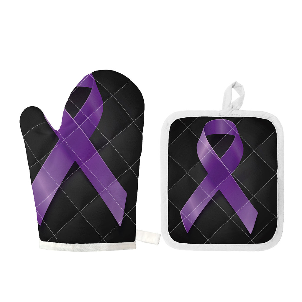 Purple All Cancer Awareness Ribbon Print Oven Mitt And Pot Holder Set