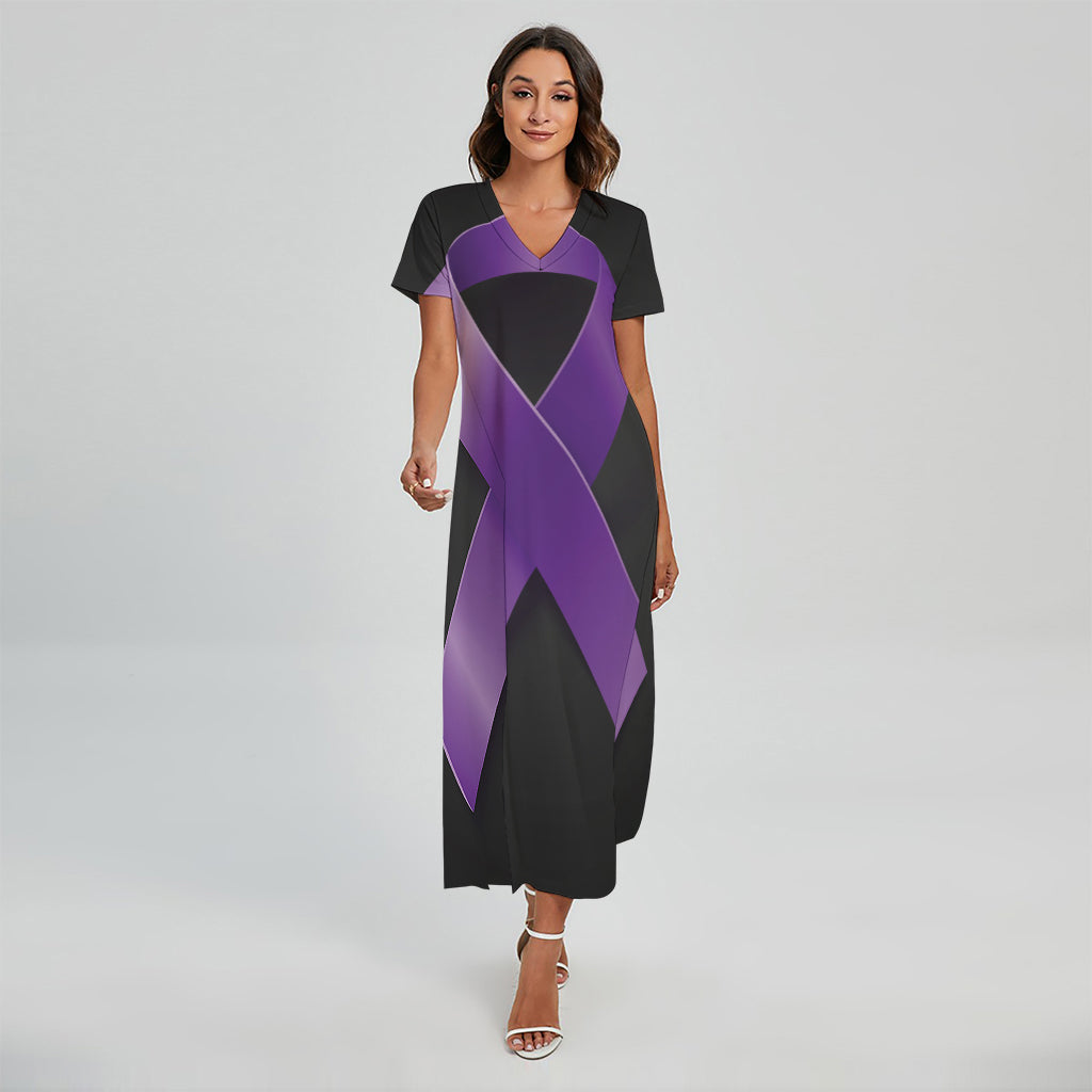 Purple All Cancer Awareness Ribbon Print Short Sleeve Maxi Dress