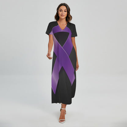 Purple All Cancer Awareness Ribbon Print Short Sleeve Maxi Dress