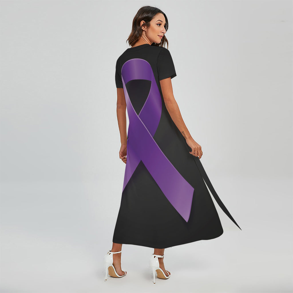 Purple All Cancer Awareness Ribbon Print Short Sleeve Maxi Dress
