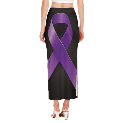 Purple All Cancer Awareness Ribbon Print Side Slit Maxi Skirt