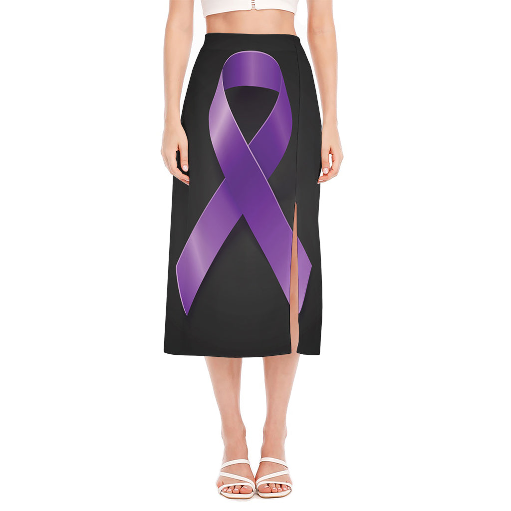 Purple All Cancer Awareness Ribbon Print Side Slit Midi Skirt