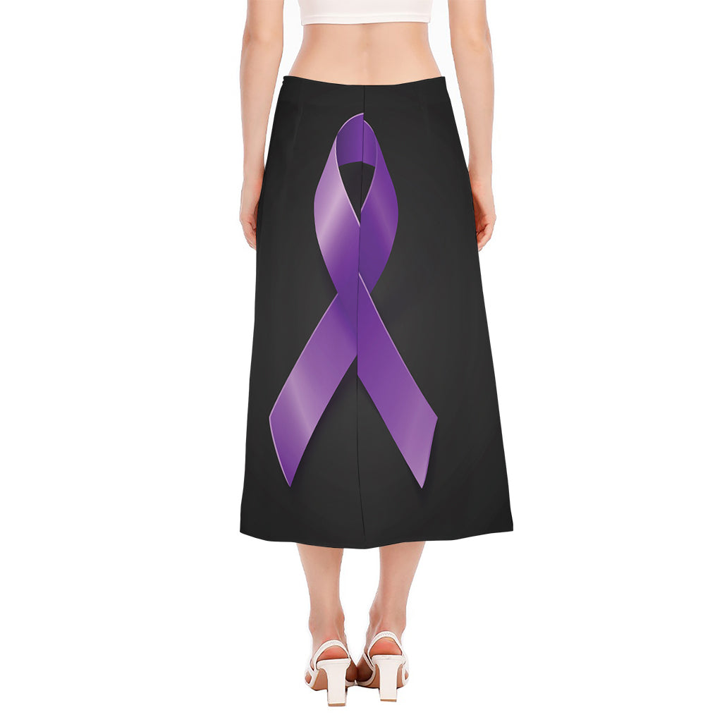Purple All Cancer Awareness Ribbon Print Side Slit Midi Skirt