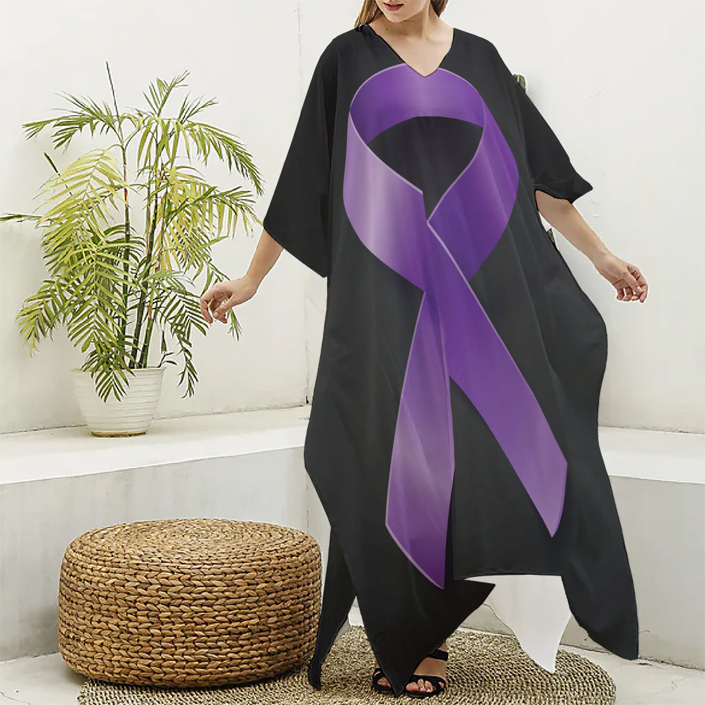 Purple All Cancer Awareness Ribbon Print Silk V-Neck Kaftan Dress