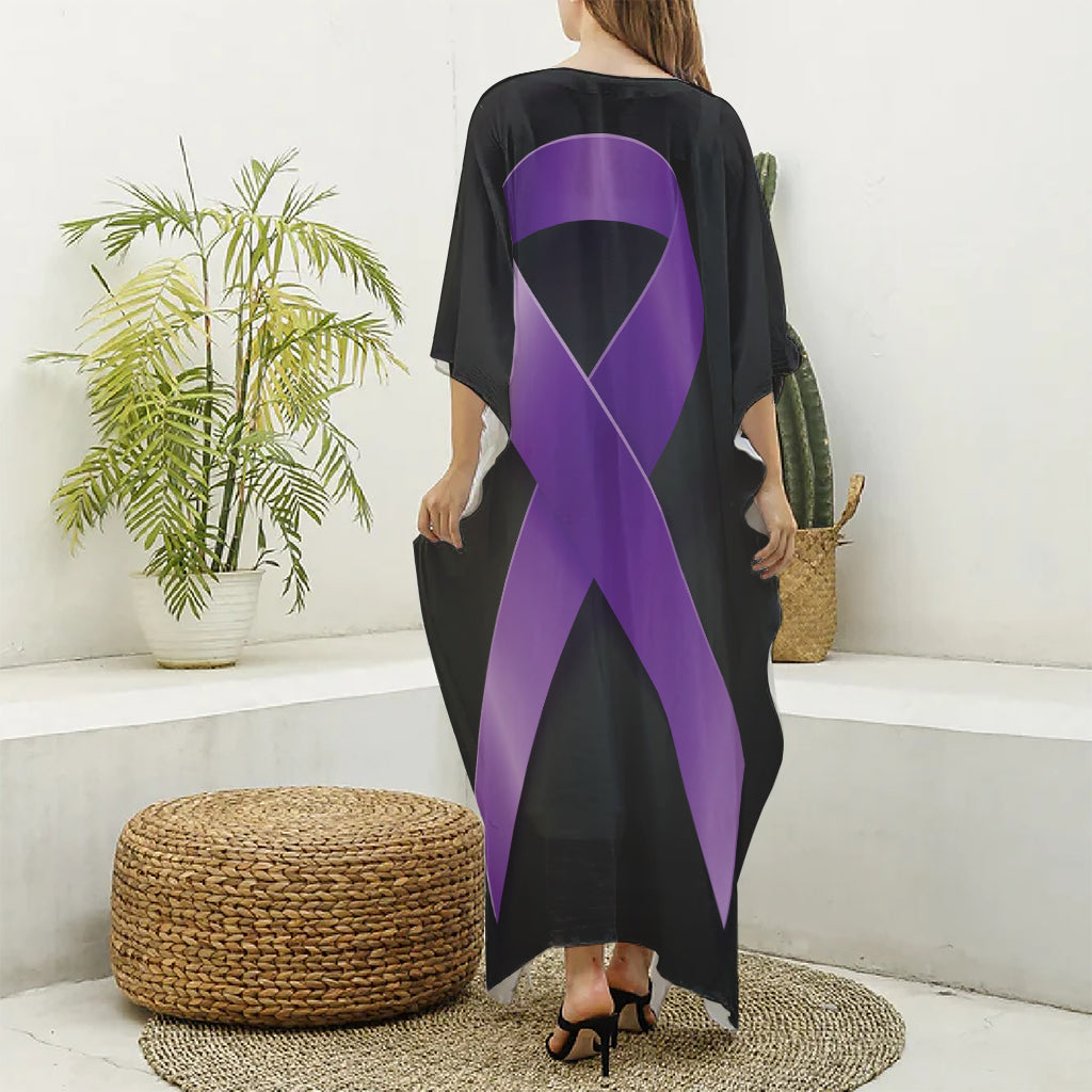 Purple All Cancer Awareness Ribbon Print Silk V-Neck Kaftan Dress