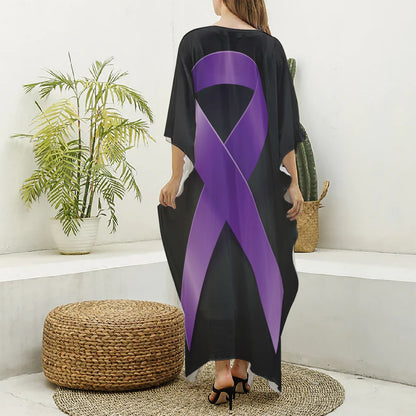 Purple All Cancer Awareness Ribbon Print Silk V-Neck Kaftan Dress
