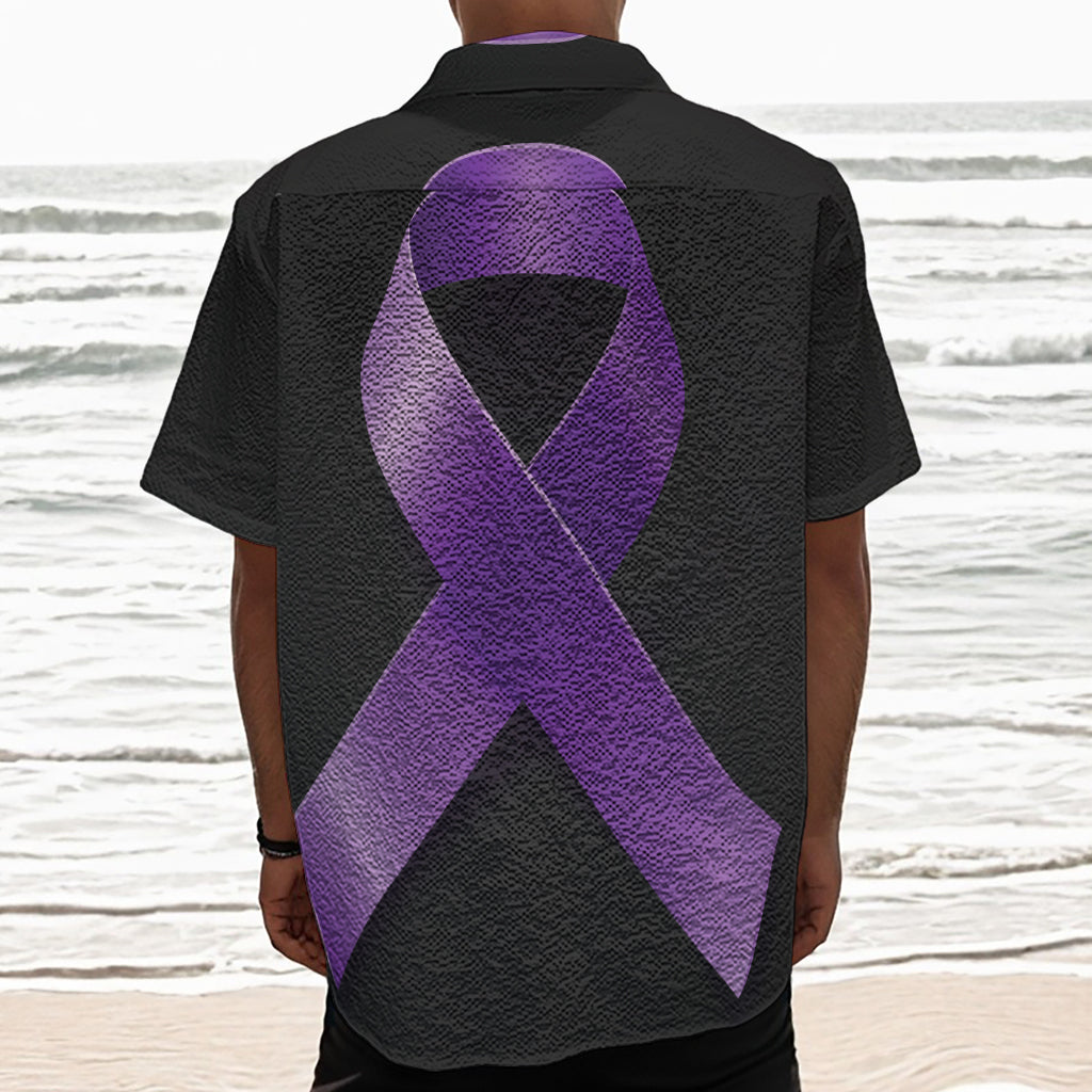 Purple All Cancer Awareness Ribbon Print Textured Short Sleeve Shirt