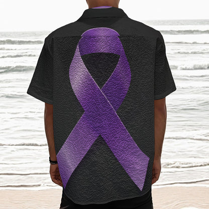 Purple All Cancer Awareness Ribbon Print Textured Short Sleeve Shirt