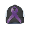 Purple All Cancer Awareness Ribbon Print White Mesh Trucker Hat