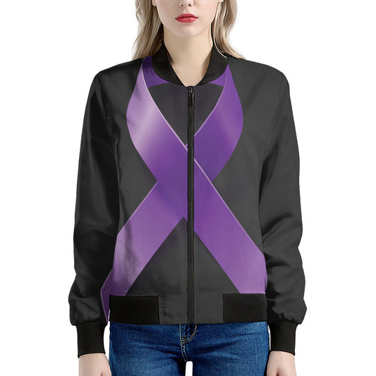 Purple All Cancer Awareness Ribbon Print Women's Bomber Jacket