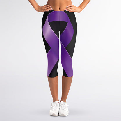Purple All Cancer Awareness Ribbon Print Women's Capri Leggings