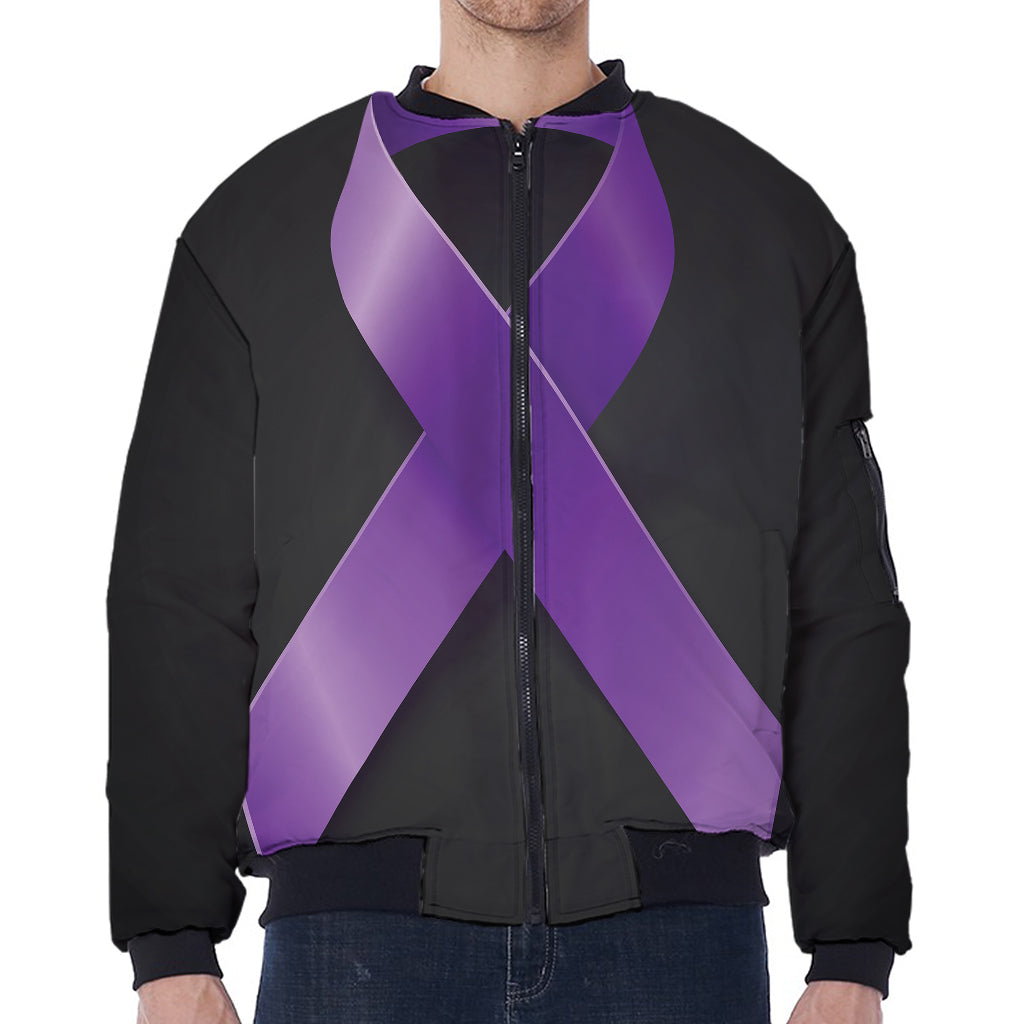 Purple All Cancer Awareness Ribbon Print Zip Sleeve Bomber Jacket